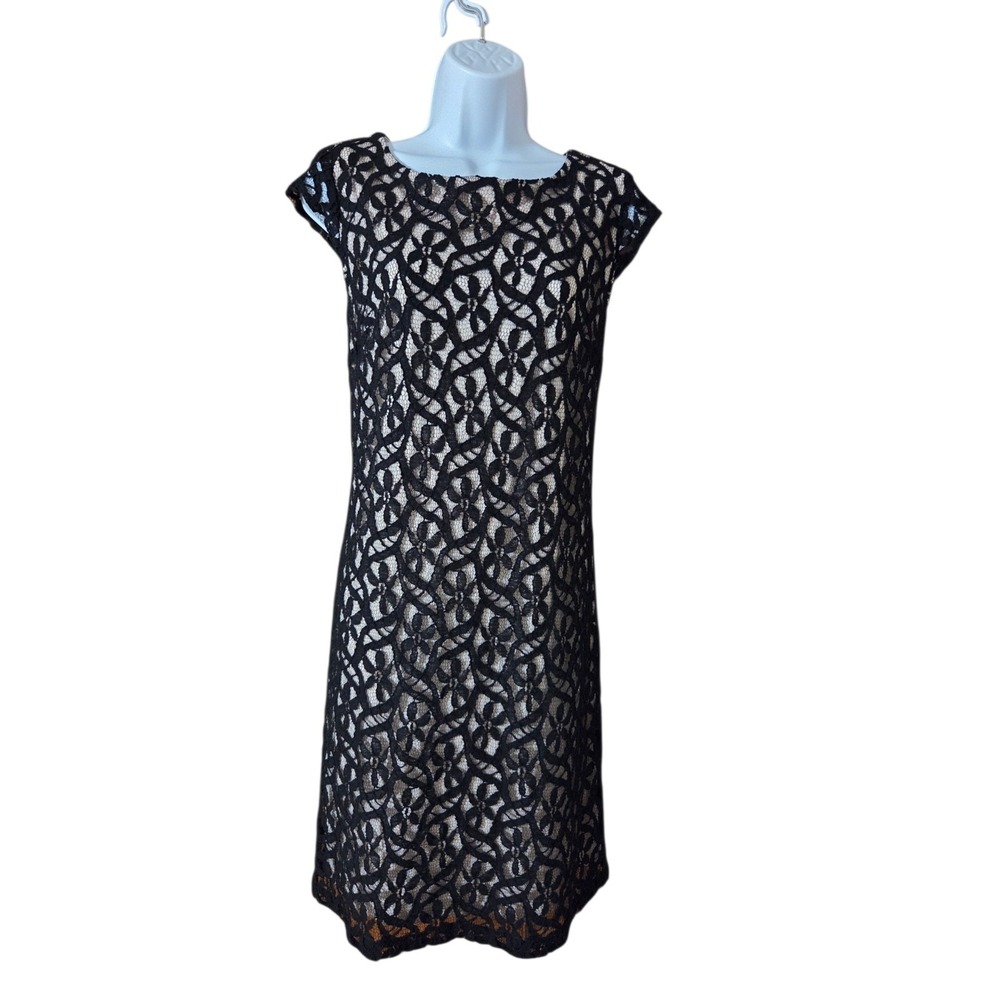 Vtg R&K‎ Richards Floral Lace Black Cap-Sleeve Midi Shift Dress 8